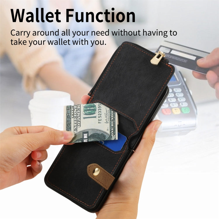 Samsung Galaxy Z Flip4 Retro Skin-feel Ring Zipper Wallet Phone case in stylish design, showcasing its ring function and card holder slots.